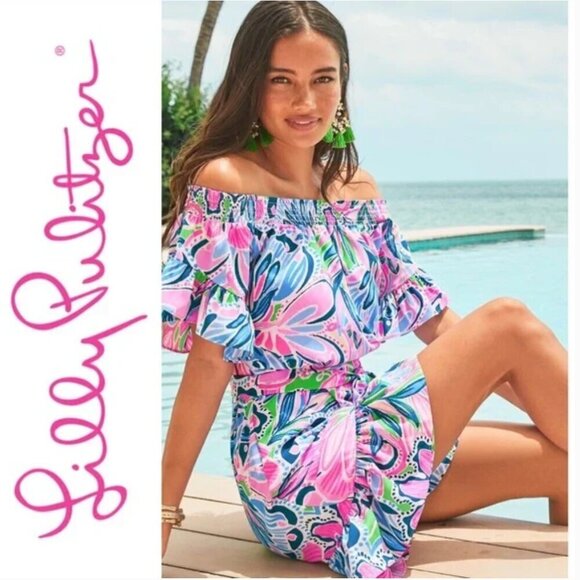LILLY PULITZER‎ Madelyn Off The Shoulder Stretch Dress In Gecko Green Tige XXS - Picture 1 of 7